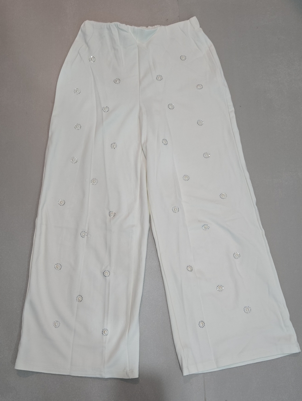 New Zara Girls White Wide-leg Trousers With Delicate Rhinestone Size 13-14Y